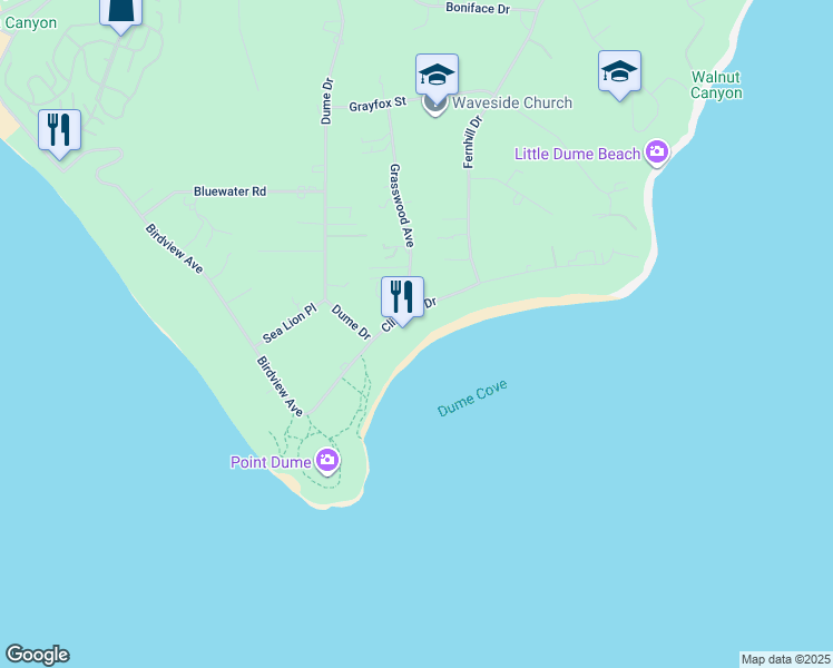 map of restaurants, bars, coffee shops, grocery stores, and more near 29122 Cliffside Drive in Malibu