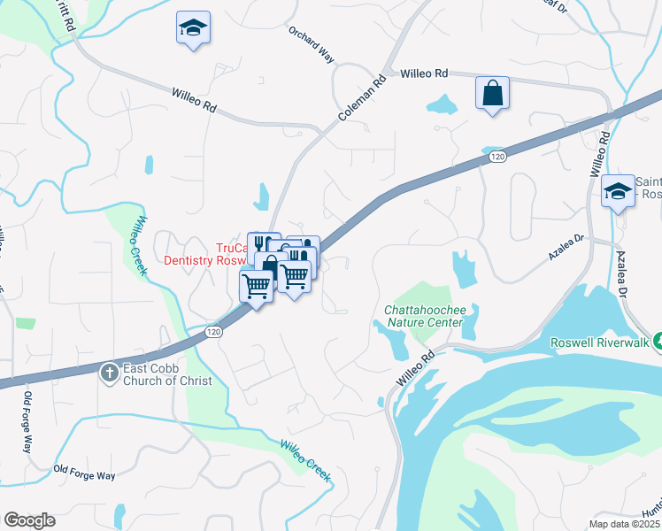 map of restaurants, bars, coffee shops, grocery stores, and more near 4004 Edgecomb Drive in Roswell