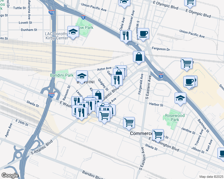 map of restaurants, bars, coffee shops, grocery stores, and more near 2214 Cowlin Avenue in Commerce