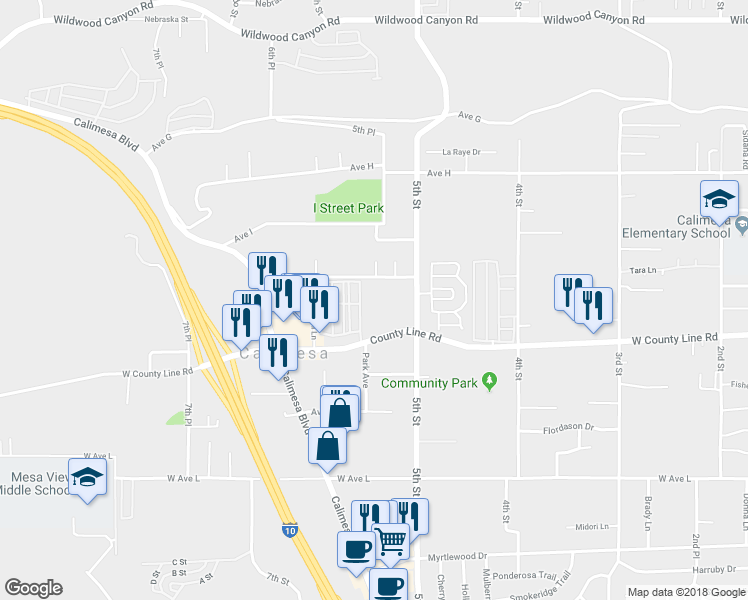 map of restaurants, bars, coffee shops, grocery stores, and more near 34205 Avenue J in Yucaipa