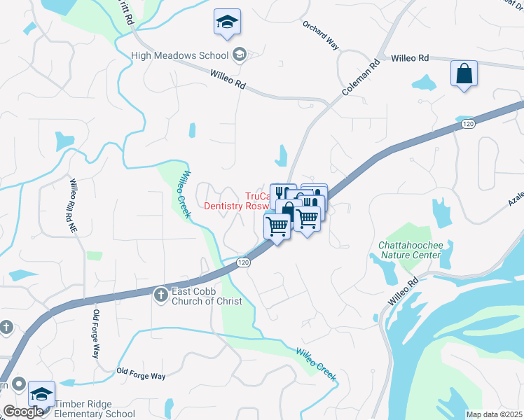 map of restaurants, bars, coffee shops, grocery stores, and more near 1214 Lake Pointe Circle in Roswell