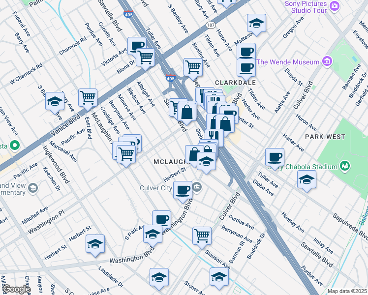map of restaurants, bars, coffee shops, grocery stores, and more near 4030 Sawtelle Boulevard in Los Angeles