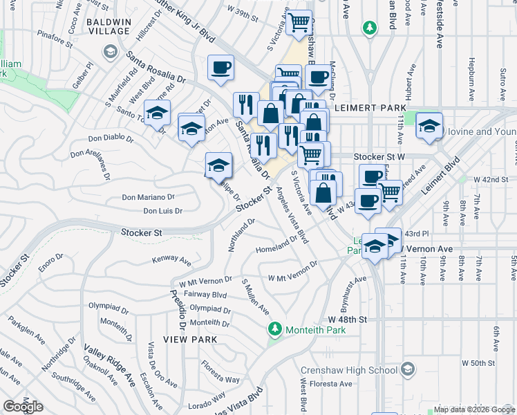 map of restaurants, bars, coffee shops, grocery stores, and more near 3750 Stocker Street in Los Angeles