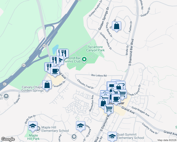 map of restaurants, bars, coffee shops, grocery stores, and more near 22900 Hilton Head Drive in Diamond Bar