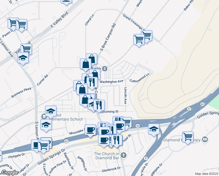 map of restaurants, bars, coffee shops, grocery stores, and more near 705 Windwood Drive in Walnut