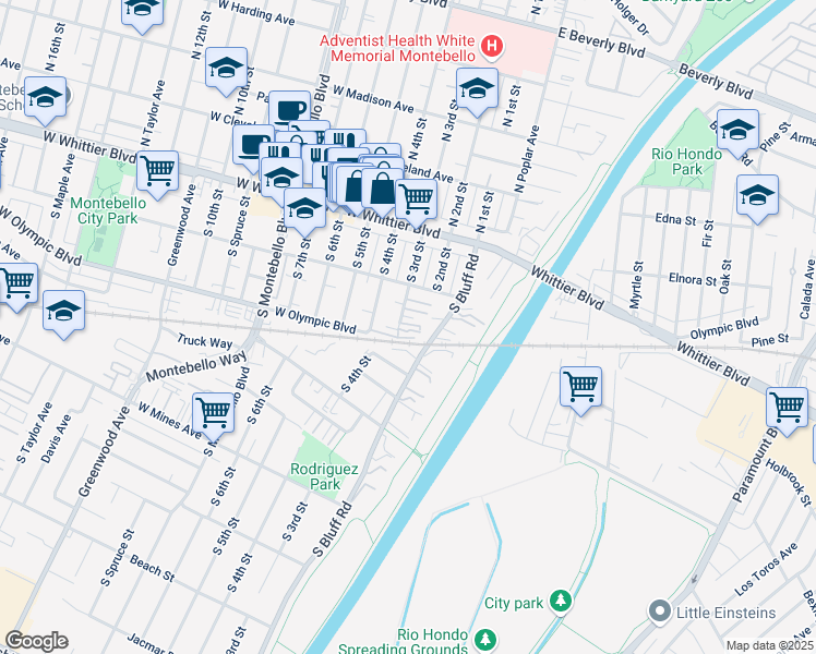 map of restaurants, bars, coffee shops, grocery stores, and more near 221 South 3rd Street in Montebello
