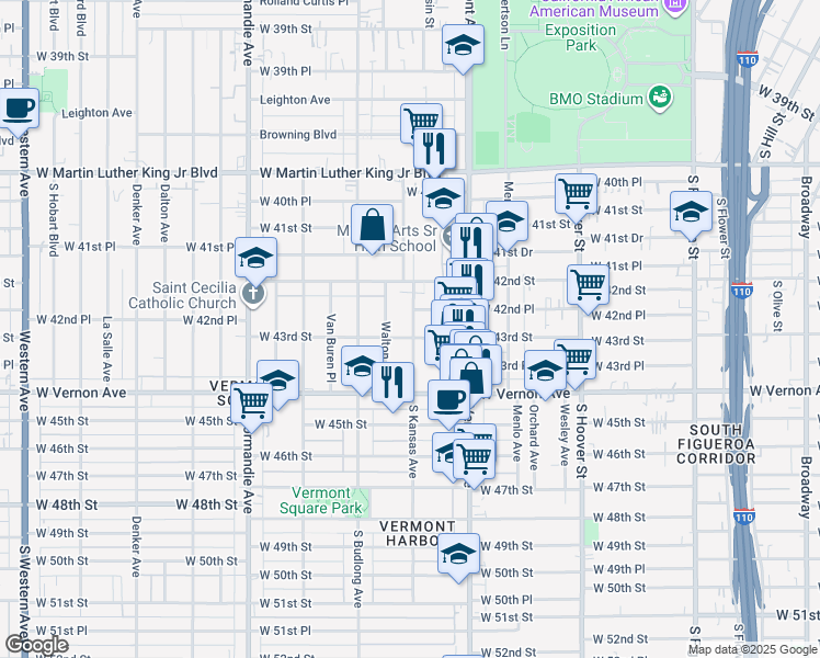 map of restaurants, bars, coffee shops, grocery stores, and more near 4271 South Kansas Avenue in Los Angeles