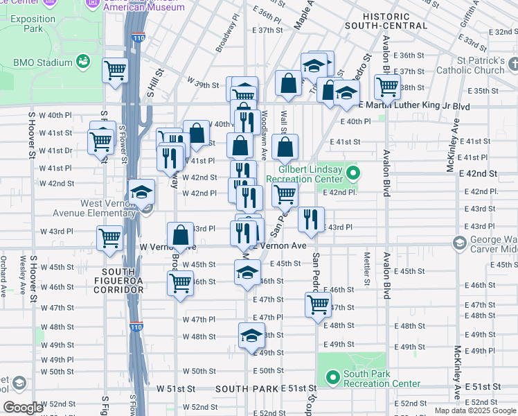 map of restaurants, bars, coffee shops, grocery stores, and more near 119 East 43rd Street in Los Angeles