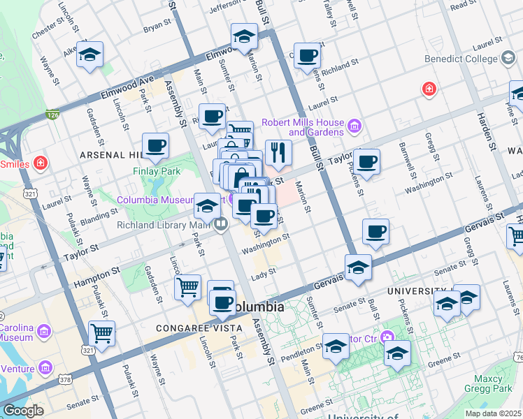 map of restaurants, bars, coffee shops, grocery stores, and more near 1217 Hampton Street in Columbia