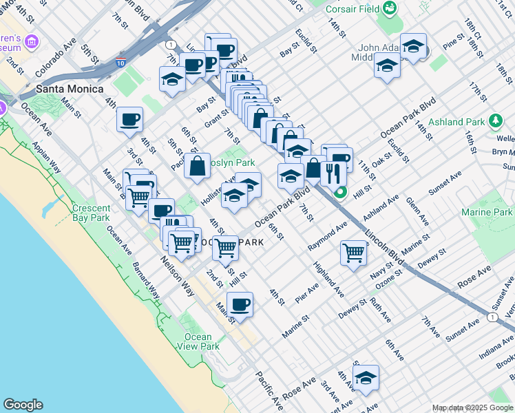 map of restaurants, bars, coffee shops, grocery stores, and more near 2460 Beverley Avenue in Santa Monica