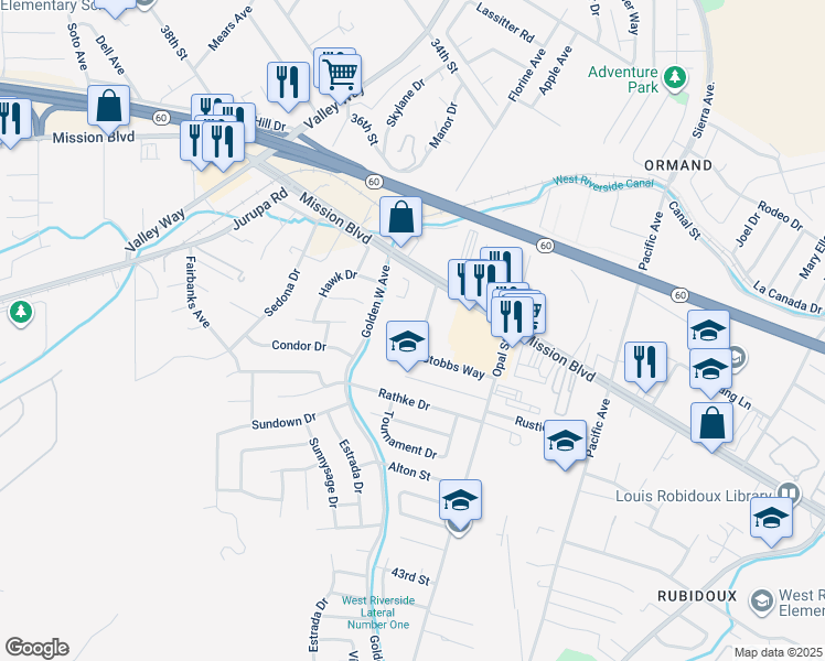 map of restaurants, bars, coffee shops, grocery stores, and more near 3855 Stobbs Way in Riverside