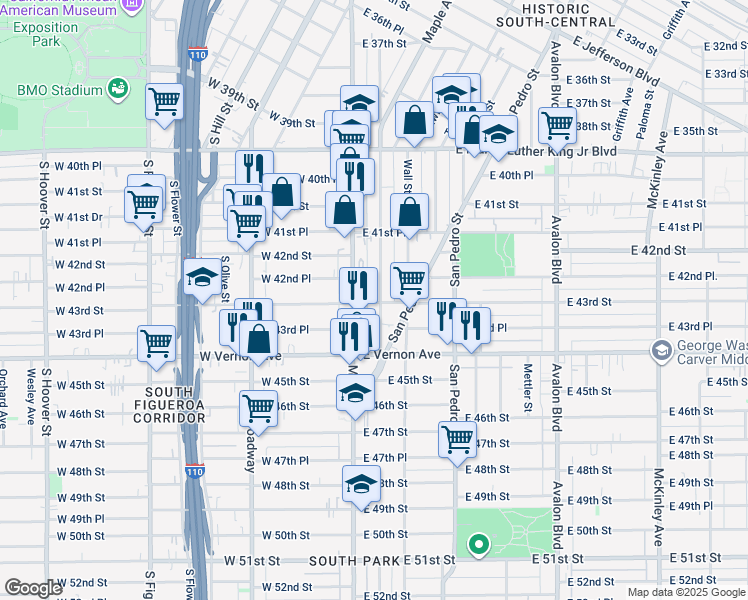 map of restaurants, bars, coffee shops, grocery stores, and more near 4228 South Main Street in Los Angeles