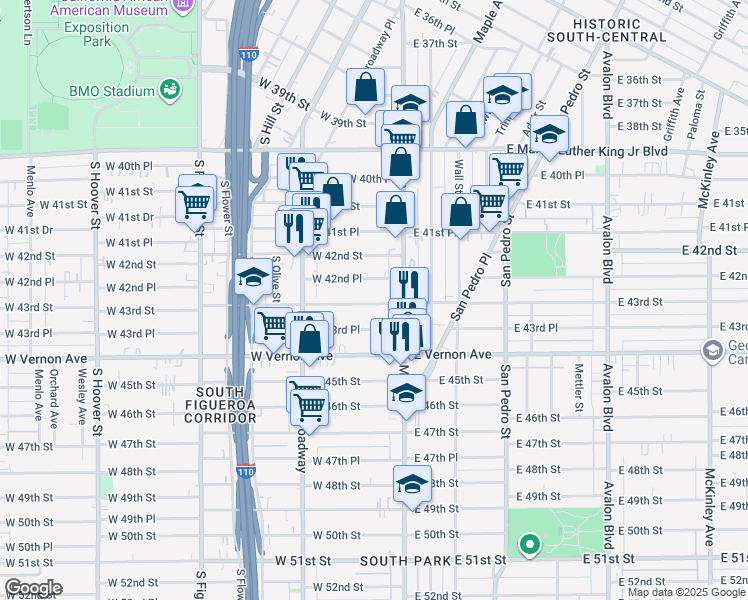 map of restaurants, bars, coffee shops, grocery stores, and more near 142 West 42nd Place in Los Angeles