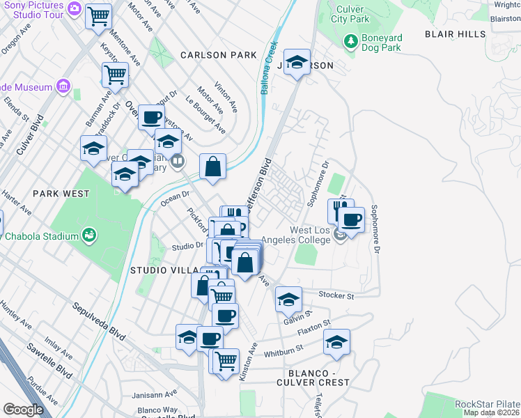 map of restaurants, bars, coffee shops, grocery stores, and more near 4901 Indianwood Road in Culver City