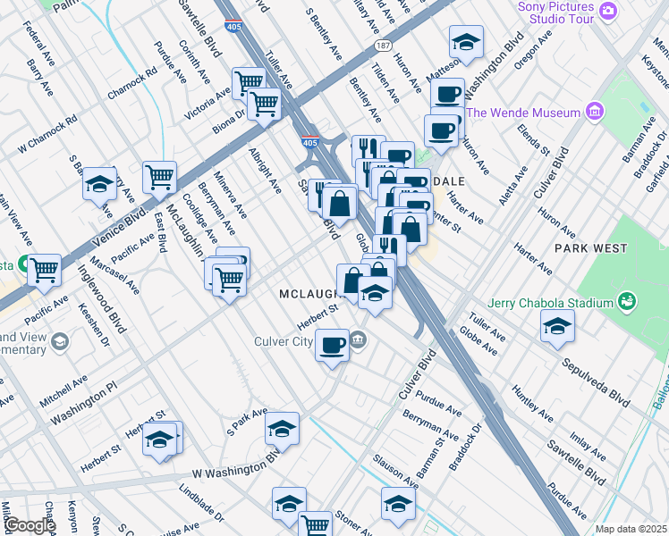 map of restaurants, bars, coffee shops, grocery stores, and more near 4030 Sawtelle Boulevard in Los Angeles