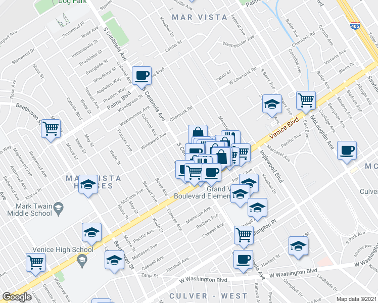 map of restaurants, bars, coffee shops, grocery stores, and more near 3702 Ocean View Avenue in Los Angeles
