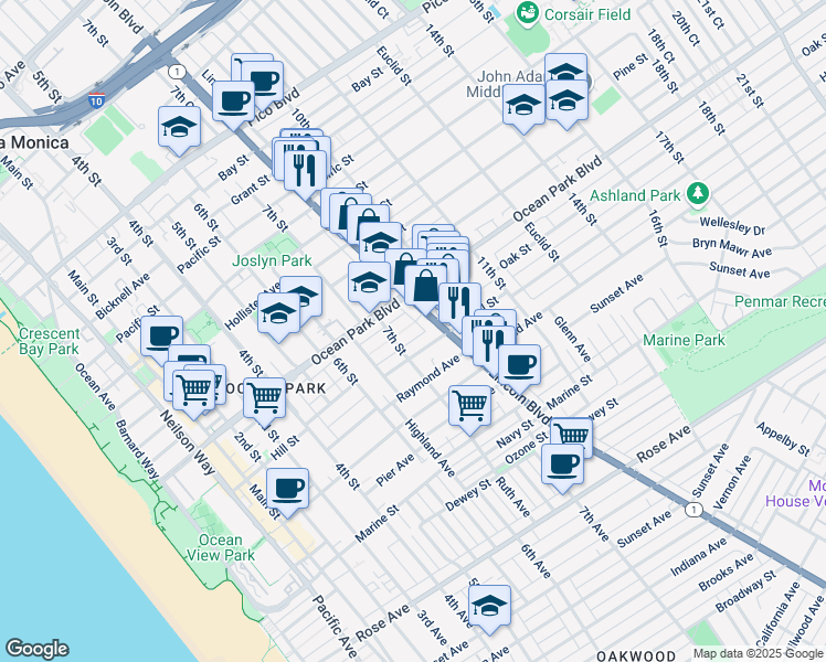 map of restaurants, bars, coffee shops, grocery stores, and more near 2624 Lincoln Boulevard in Santa Monica