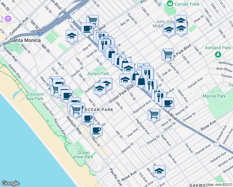 map of restaurants, bars, coffee shops, grocery stores, and more near 2520 7th Street in Santa Monica