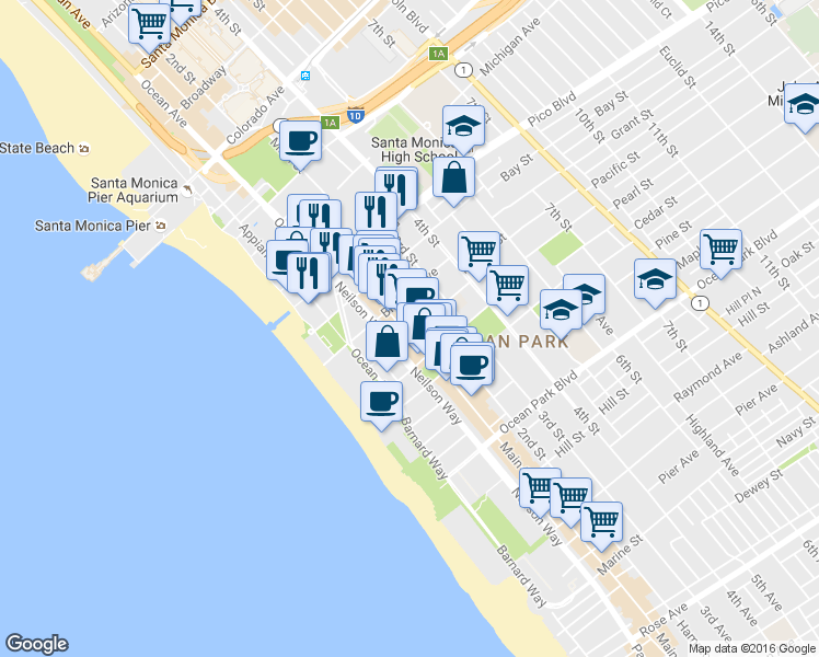 map of restaurants, bars, coffee shops, grocery stores, and more near 2101 Main Street in Santa Monica