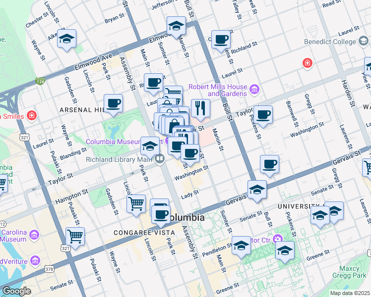 map of restaurants, bars, coffee shops, grocery stores, and more near 1220 Taylor Street in Columbia