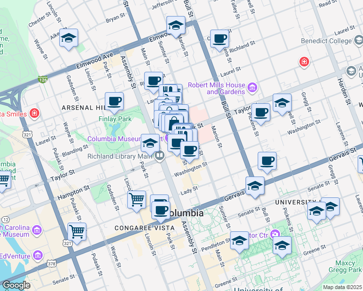 map of restaurants, bars, coffee shops, grocery stores, and more near 1545 Main Street in Columbia