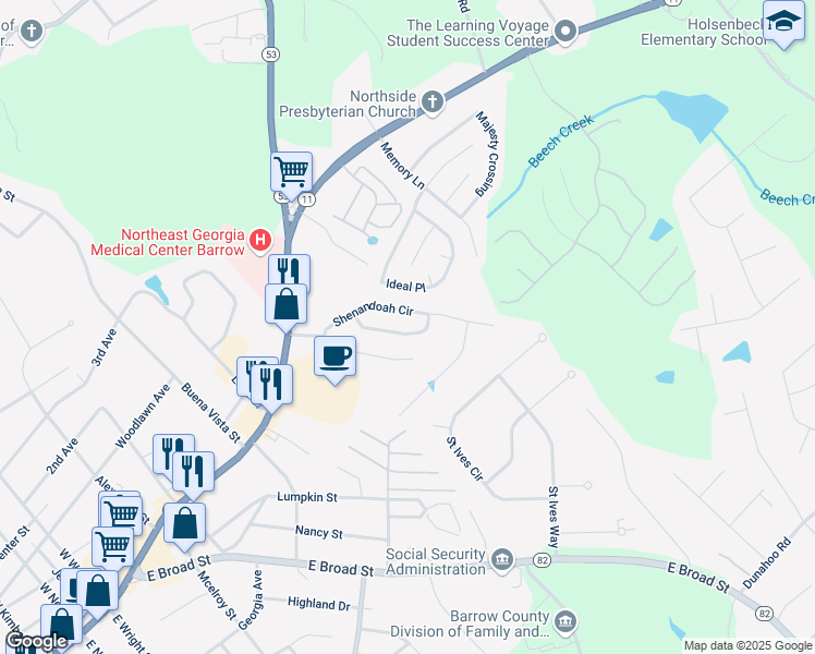 map of restaurants, bars, coffee shops, grocery stores, and more near 516 Shenandoah Lane in Winder