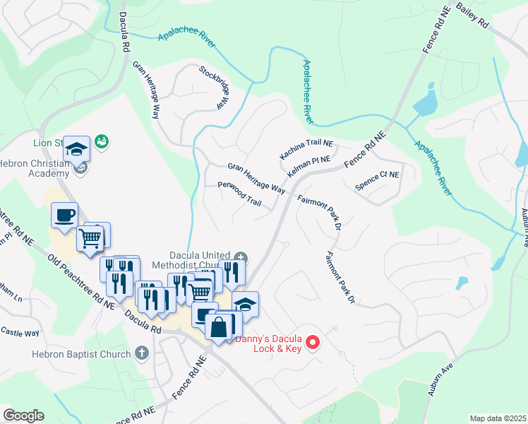 map of restaurants, bars, coffee shops, grocery stores, and more near 2352 Kelman Place in Dacula