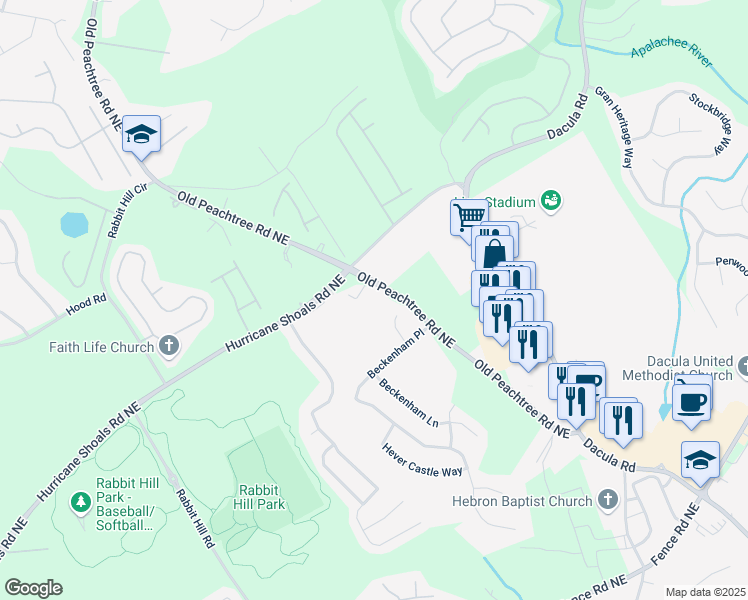 map of restaurants, bars, coffee shops, grocery stores, and more near 3275 Old Peachtree Road Northeast in Dacula
