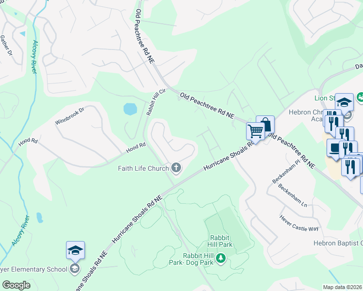 map of restaurants, bars, coffee shops, grocery stores, and more near 2386 Peach Shoals Circle in Dacula