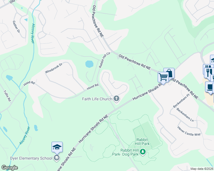 map of restaurants, bars, coffee shops, grocery stores, and more near 1987 Peach Shoals Circle in Dacula