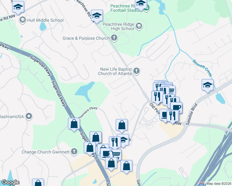 map of restaurants, bars, coffee shops, grocery stores, and more near 1755 Morningdale Circle Northwest in Duluth