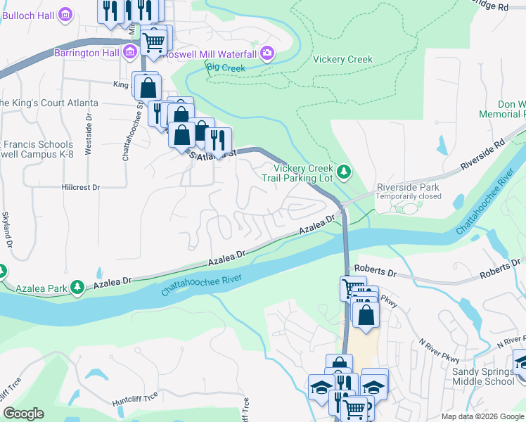 map of restaurants, bars, coffee shops, grocery stores, and more near 108 Warm Springs Circle in Roswell