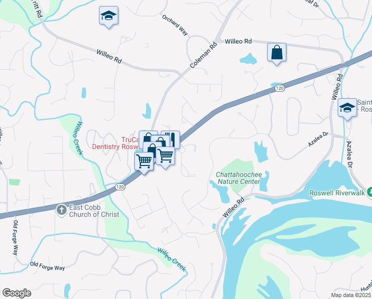 map of restaurants, bars, coffee shops, grocery stores, and more near 4004 Edgecomb Drive in Roswell