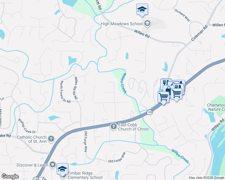 map of restaurants, bars, coffee shops, grocery stores, and more near 2283 Rushmore Drive in Marietta
