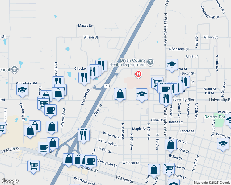 map of restaurants, bars, coffee shops, grocery stores, and more near 2200 West University Boulevard in Durant