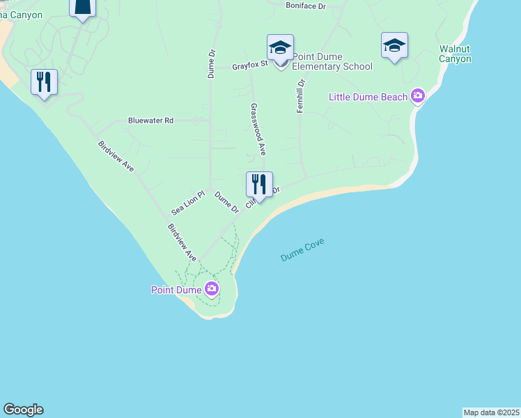 map of restaurants, bars, coffee shops, grocery stores, and more near 29130 Cliffside Drive in Malibu