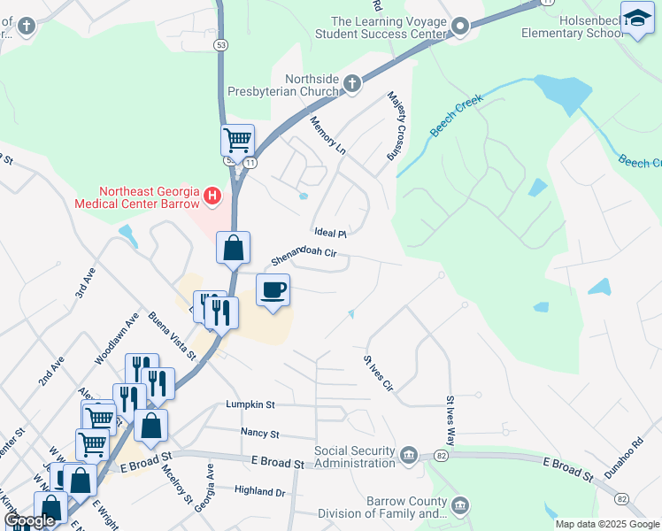 map of restaurants, bars, coffee shops, grocery stores, and more near 516 Shenandoah Lane in Winder