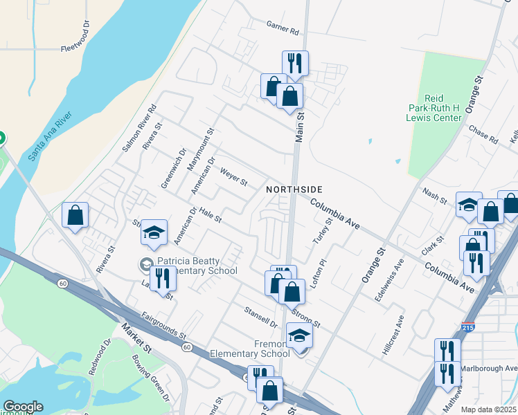 map of restaurants, bars, coffee shops, grocery stores, and more near 1339 Castledale Street in Riverside