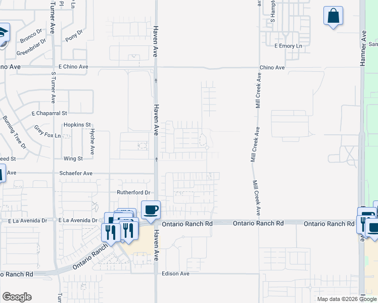 map of restaurants, bars, coffee shops, grocery stores, and more near 3610 East Pollock Street in Ontario
