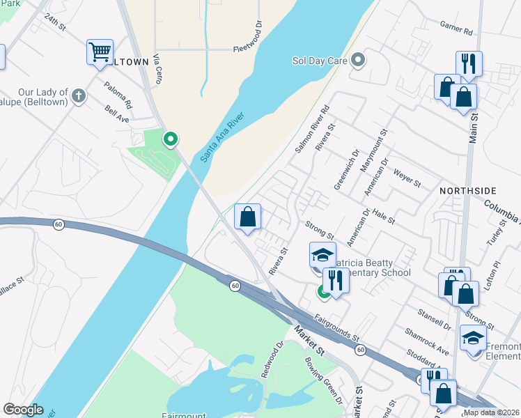 map of restaurants, bars, coffee shops, grocery stores, and more near 1747 Carrie Way in Riverside