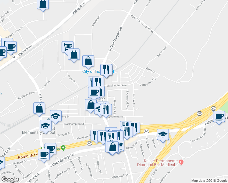 map of restaurants, bars, coffee shops, grocery stores, and more near 734 Windwood Drive in Walnut