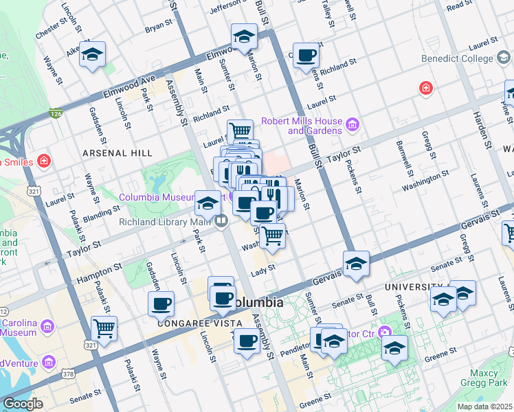 map of restaurants, bars, coffee shops, grocery stores, and more near 1502-1508 Main Street in Columbia
