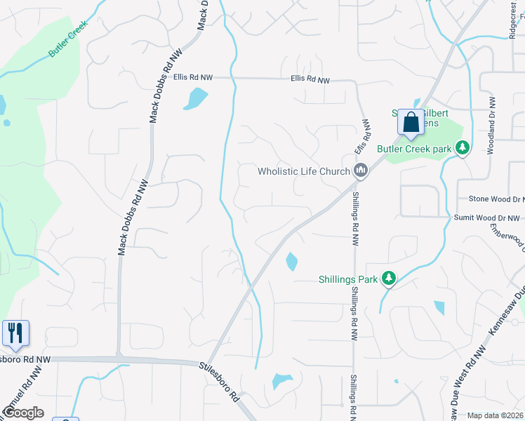 map of restaurants, bars, coffee shops, grocery stores, and more near 2817 Crestwicke Drive Northwest in Kennesaw