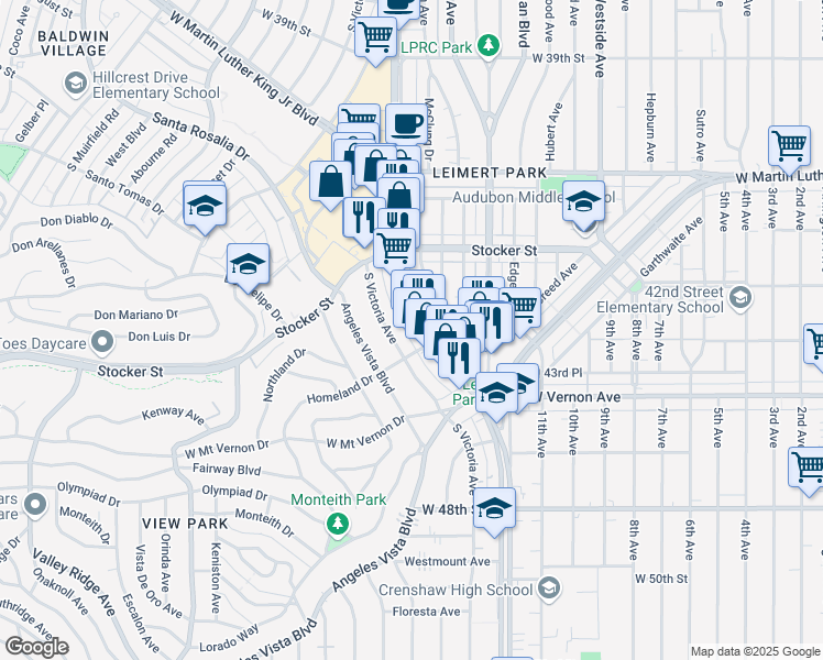 map of restaurants, bars, coffee shops, grocery stores, and more near 4279 Crenshaw Boulevard in Los Angeles