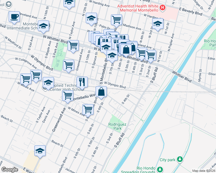 map of restaurants, bars, coffee shops, grocery stores, and more near 241 South 7th Street in Montebello