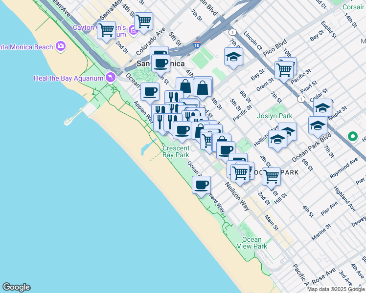 map of restaurants, bars, coffee shops, grocery stores, and more near 2021 Ocean Avenue in Santa Monica