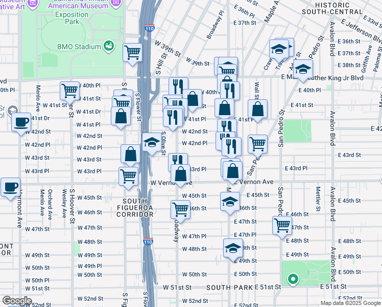 map of restaurants, bars, coffee shops, grocery stores, and more near 200 West 42nd Place in Los Angeles