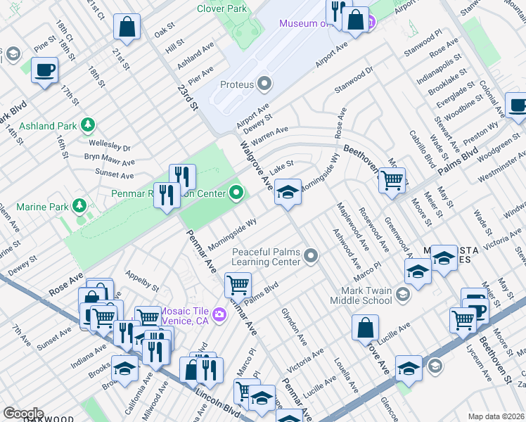 map of restaurants, bars, coffee shops, grocery stores, and more near 1531 Glencoe Avenue in Los Angeles