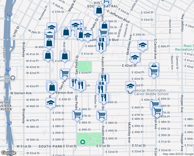 map of restaurants, bars, coffee shops, grocery stores, and more near 469 East 43rd Street in Los Angeles
