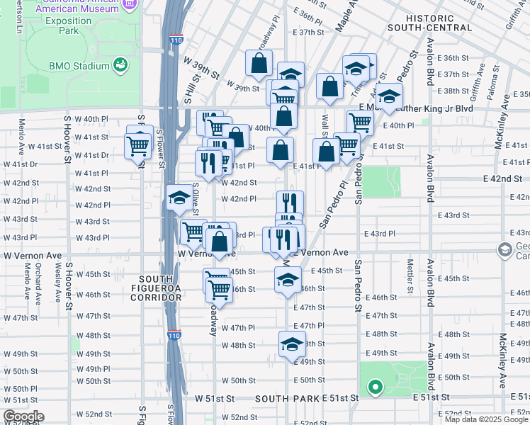 map of restaurants, bars, coffee shops, grocery stores, and more near 142 West 42nd Place in Los Angeles